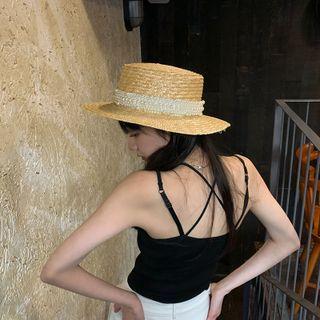 Faux Peral Straw Sun Hat Khaki - M- 56-58cm