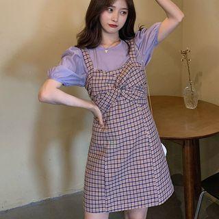 Puff-sleeve Top / Sleeveless Plaid Dress / Set
