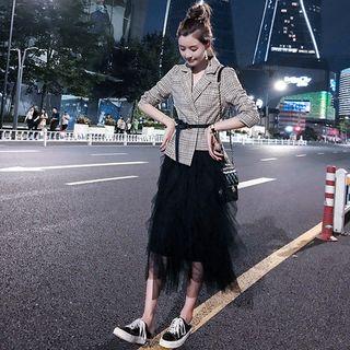 Set: Plaid Blazer + Midi Mesh Skirt
