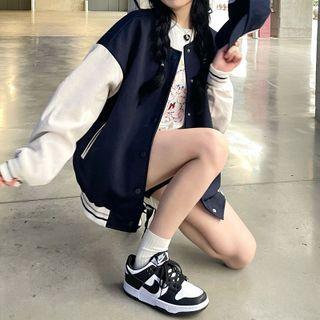 Long-sleeve Two-tone Baseball Jacket Navy Blue & Almond - One Size