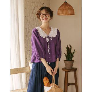 Lace-collar Linen Blouse Purple - One Size