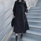 Long-sleeve Ruffled Buttoned Midi Dress Black - One Size