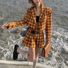 Cropped Plaid Double-breasted Blazer / Bucked Pleated Mini A-line Skirt