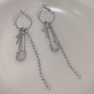 Safety Pin Fringed Earring 1 Pair - Silver Steel - Silver - One Size
