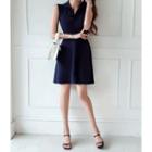 Sleeveless Flared Mini Knit Polo Dress Navy Blue - One Size