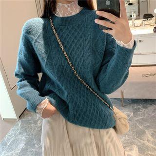 Long-sleeve Lace Top / Cable Knit Sweater / Crinkle A-line Midi Skirt
