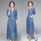 Elbow-sleeve Flower Print Denim Midi Sheath Dress