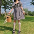 Short-sleeve Plaid A-line Dress Gingham - Black - One Size