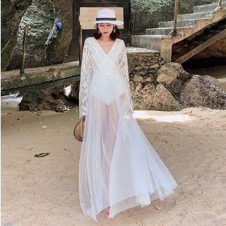 Sheer V-neck Long-sleeve Beach Dress