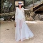 Sheer V-neck Long-sleeve Beach Dress
