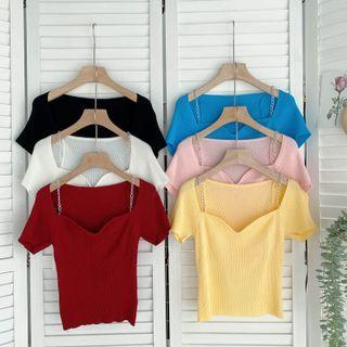 Plain Square-neck Knit Short-sleeve Top