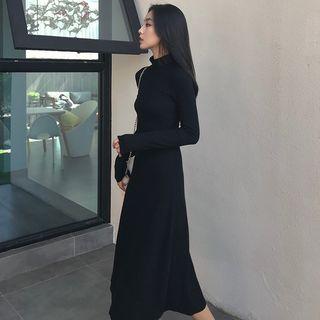 Plain Mock-neck Long-sleeve Slim-fit Dress Black - One Size