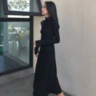 Plain Mock-neck Long-sleeve Slim-fit Dress Black - One Size