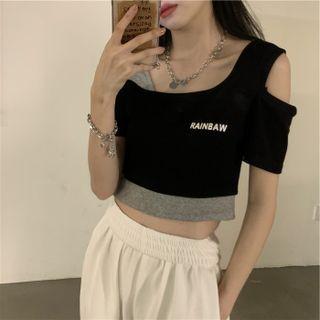 Mock Two-piece Cold-shoulder Crop T-shirt