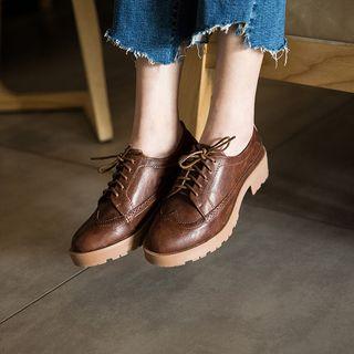 Faux Leather Lace Up Block Heel Brogue Shoes