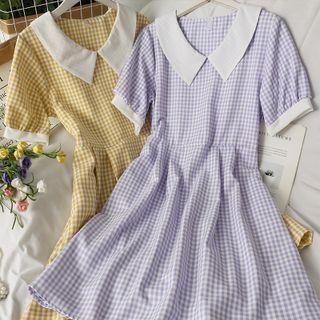 Peter Pan-collar Checker Midi Dress In 6 Colors