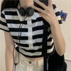 Short-sleeve Stripe Collar Cropped T-shirt Stripes - Black & White - One Size