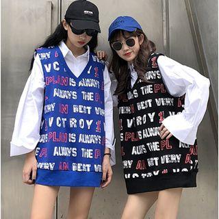 V-neck Lettering Vest / Plain Shirt