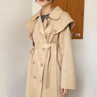 Double Breasted Sashed Long Coat Khaki - One Size