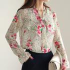 Tie-neck Floral Pattern Ruffled Blouse