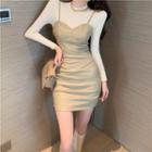 Set: Spaghetti Strap Faux Leather Mini Sheath Dress + Mock-neck Knit Top