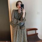 Floral Round-neck Long-sleeve Dress/ V-neck Leather Vest