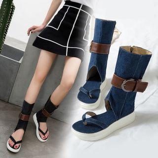 Cut-out Denim Flat Mid-calf Boots