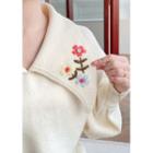 Pointy-collar Flower Embroidery Sweater Ivory - One Size