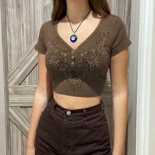 Short-sleeve Rhinestone Floral Crop Top