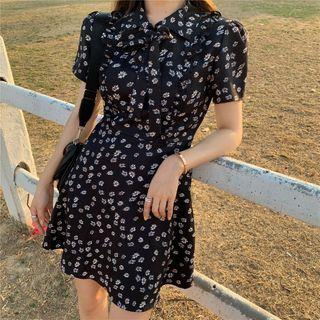 Flower Print Short-sleeve Mini A-line Dress Black - One Size