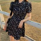 Flower Print Short-sleeve Mini A-line Dress Black - One Size