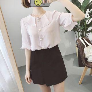 Stand-collar Bell-sleeve Frill Short-sleeve Chiffon Plain Blouse