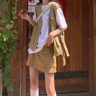 Cargo Zip Vest / A-line Mini Skirt