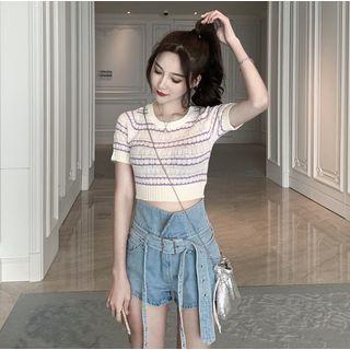 Striped Short-sleeve Knit Top / High Waist Denim Shorts