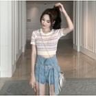 Striped Short-sleeve Knit Top / High Waist Denim Shorts