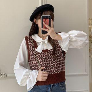 Patterned Vest / Ribbon Bell-sleeve Blouse