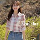 Tab-sleeve Dip-back Plaid Shirt