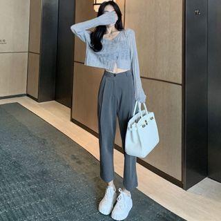 Asymmetric Open-knit Crop Top / Straight-cut Ankle Dress Pants