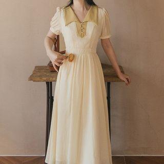 Puff-sleeve Polo-neck Midi A-line Dress
