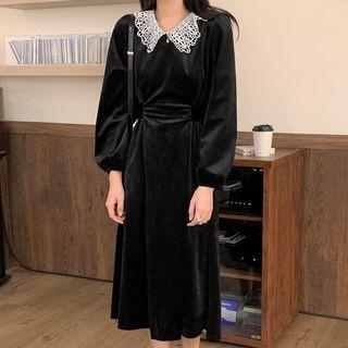 Balloon-sleeve Lace Collar Midi A-line Dress