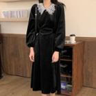 Balloon-sleeve Lace Collar Midi A-line Dress