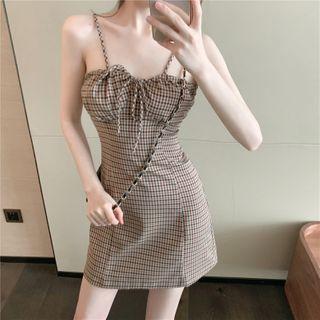 Plaid Slim-fit Lace-up Spaghetti Strap Dress
