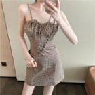 Plaid Slim-fit Lace-up Spaghetti Strap Dress