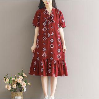 Patterned Short Sleeve Ruffle Hem Chiffon Dress