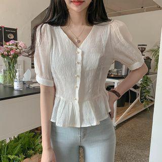 Puff-sleeve Frill Trim Buttoned Top