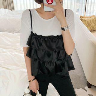 Set: Scoop-neck T-shirt + Spaghetti-strap Tiered Top