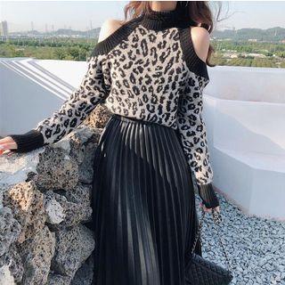 Cold-shoulder Leopard Print Sweater / Faux Leather Midi A-line Pleated Skirt