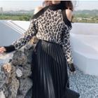 Cold-shoulder Leopard Print Sweater / Faux Leather Midi A-line Pleated Skirt
