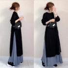 Set: Long-sleeve Slit Midi A-line Dress + Maxi A-line Skirt Black - One Size