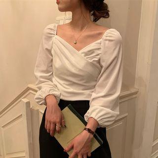 Asymmetric V-neck Balloon-sleeve Blouse